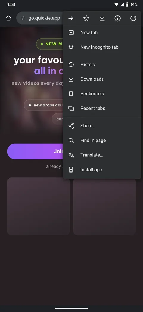 Chrome three-dot menu open on go.quickie.app