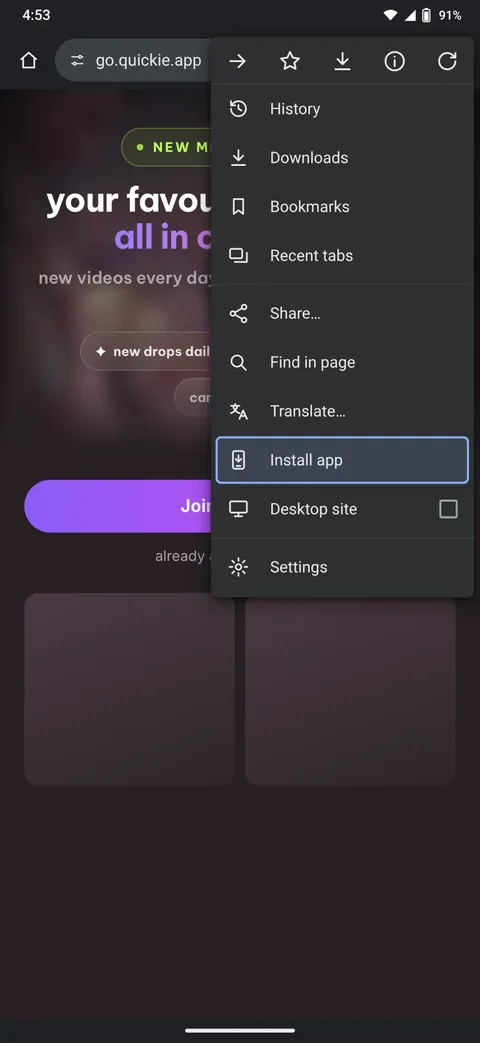 Chrome menu with Install app highlighted