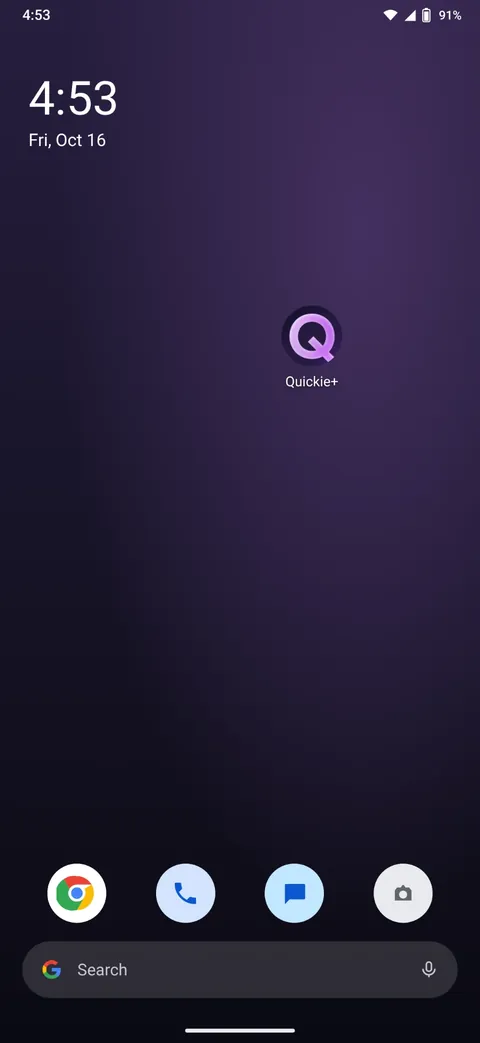 Android home screen with the Quickie+ icon