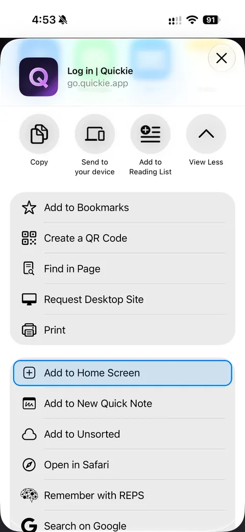 iPhone share sheet with Add to Home Screen highlighted